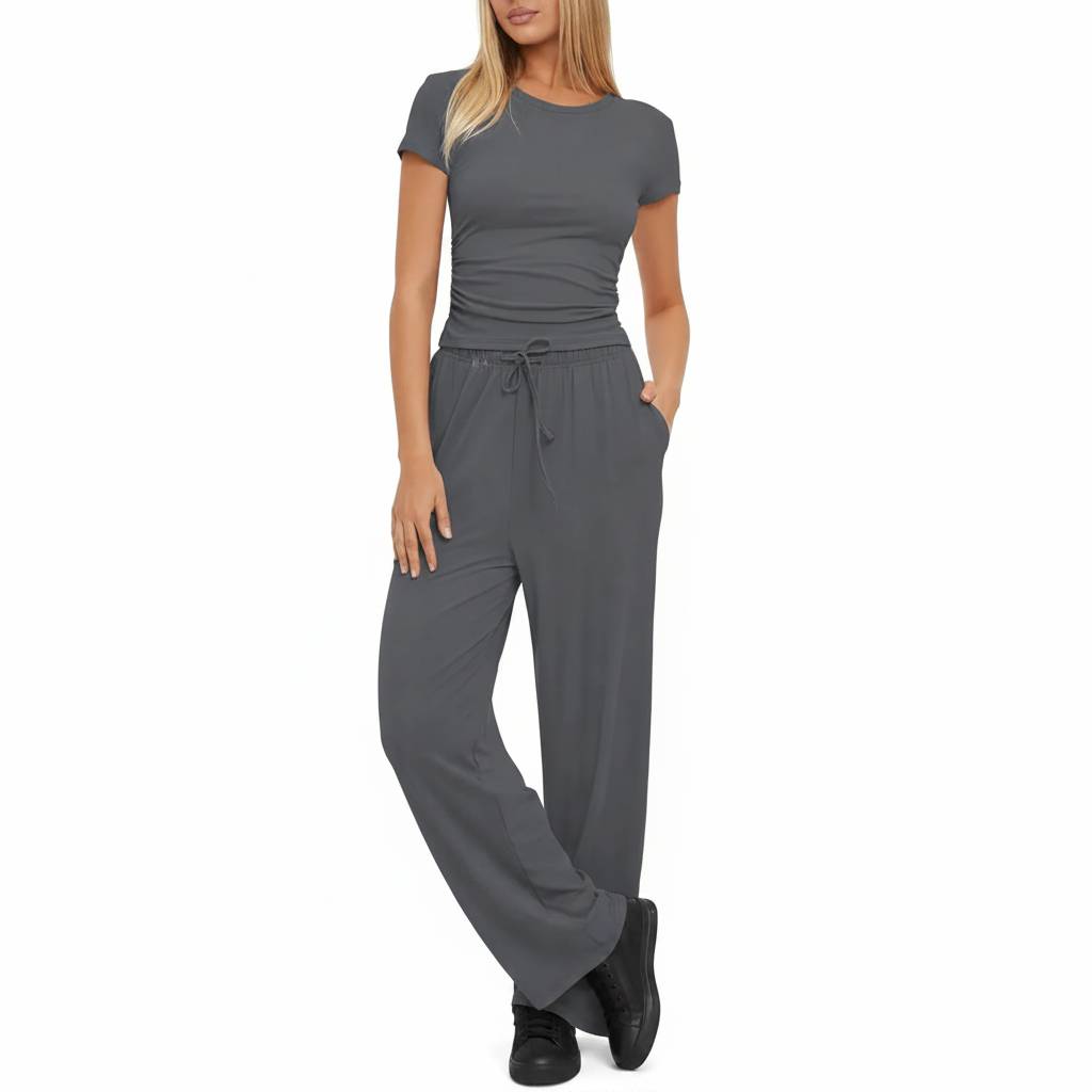 Completo Casual Donna 2 Pezzi - Top Plissettato e Pantaloni Wide-Leg Vita Alta