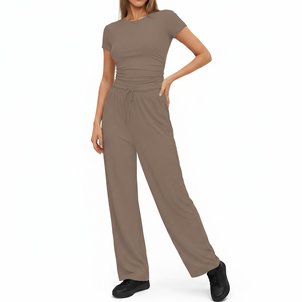 Completo Casual Donna 2 Pezzi - Top Plissettato e Pantaloni Wide-Leg Vita Alta