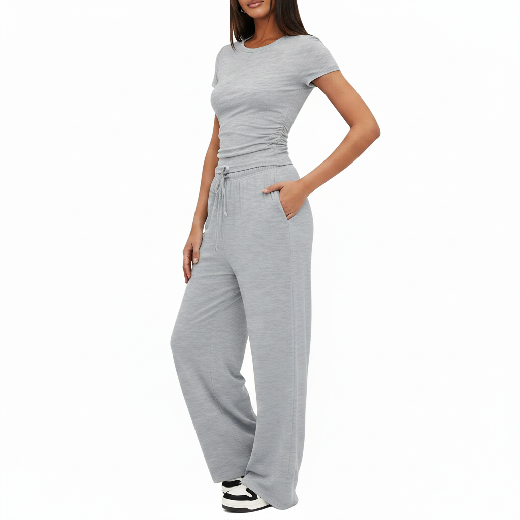 Completo Casual Donna 2 Pezzi - Top Plissettato e Pantaloni Wide-Leg Vita Alta
