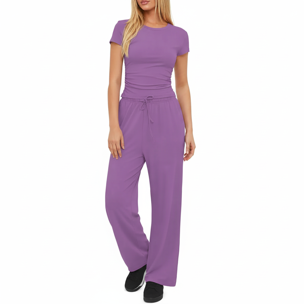 Completo Casual Donna 2 Pezzi - Top Plissettato e Pantaloni Wide-Leg Vita Alta