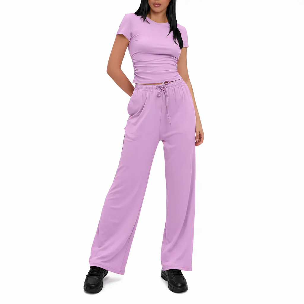 Completo Casual Donna 2 Pezzi - Top Plissettato e Pantaloni Wide-Leg Vita Alta