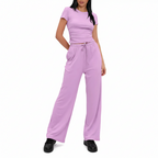 Completo Casual Donna 2 Pezzi - Top Plissettato e Pantaloni Wide-Leg Vita Alta