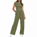 Completo Casual Donna 2 Pezzi - Top Plissettato e Pantaloni Wide-Leg Vita Alta