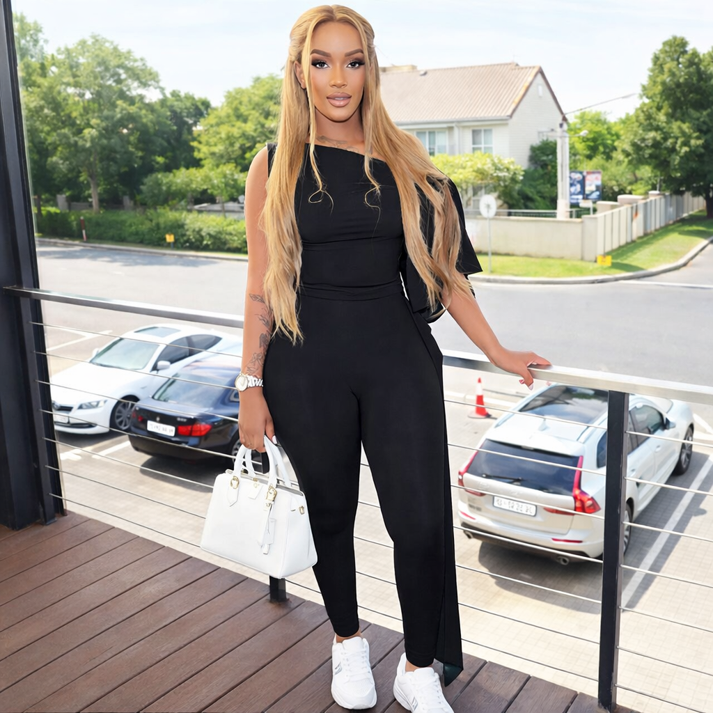 Elegant Women's 2-Piece Set - Oblique Off-Shoulder Top and Skinny Pants
