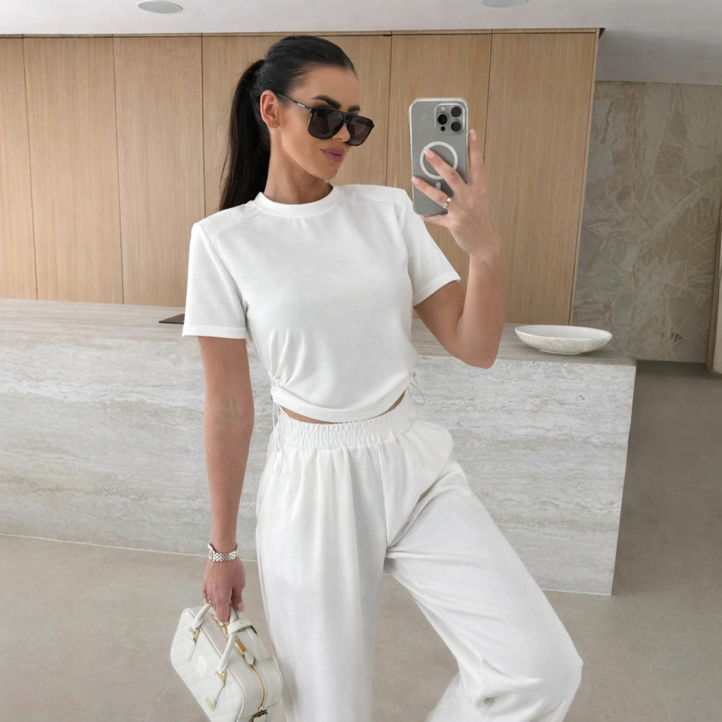 Completo Casual Donna 2 Pezzi - Top Maniche 3/4 e Pantaloni Wide-Leg con Cintura