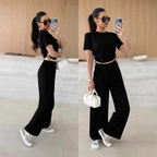 Completo Casual Donna 2 Pezzi - Top Maniche 3/4 e Pantaloni Wide-Leg con Cintura