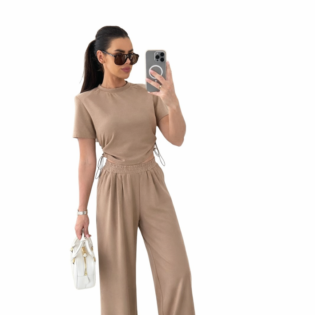 Completo Casual Donna 2 Pezzi - Top Maniche 3/4 e Pantaloni Wide-Leg con Cintura