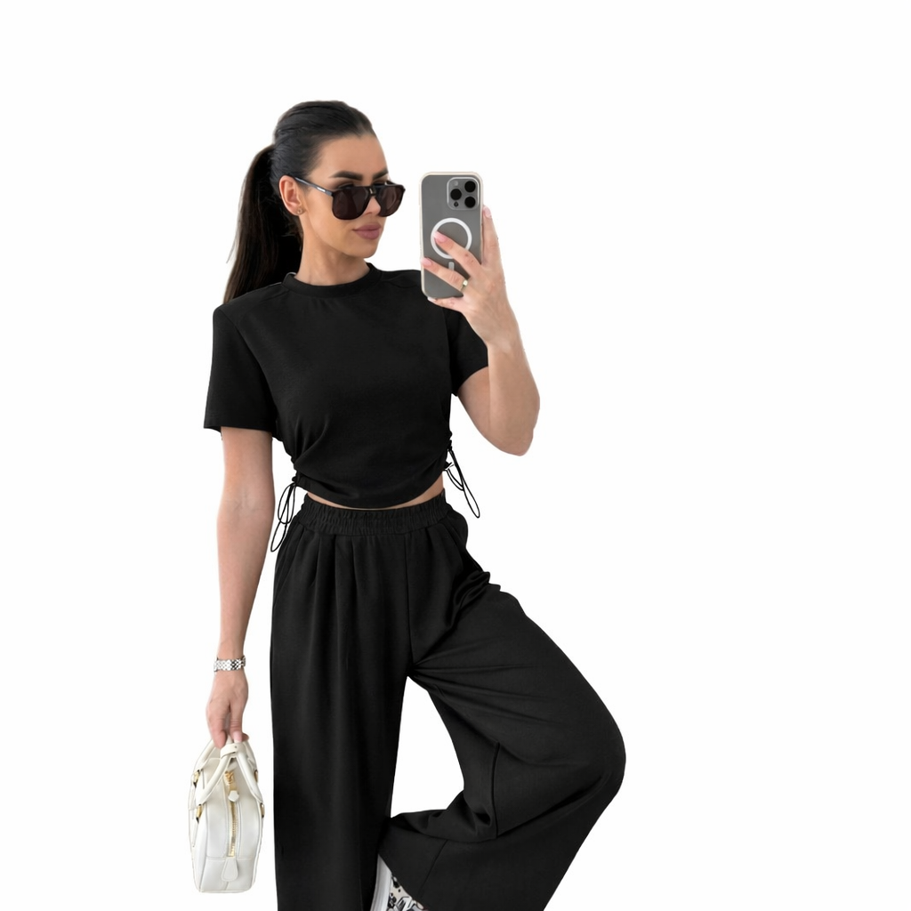 Completo Casual Donna 2 Pezzi - Top Maniche 3/4 e Pantaloni Wide-Leg con Cintura