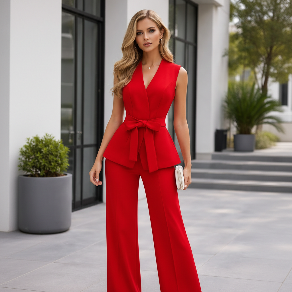 Women's 2-Piece Office Style Suit - Bow Tie Belt Vest and Red Flare Pants