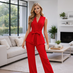 Women's 2-Piece Office Style Suit - Bow Tie Belt Vest and Red Flare Pants