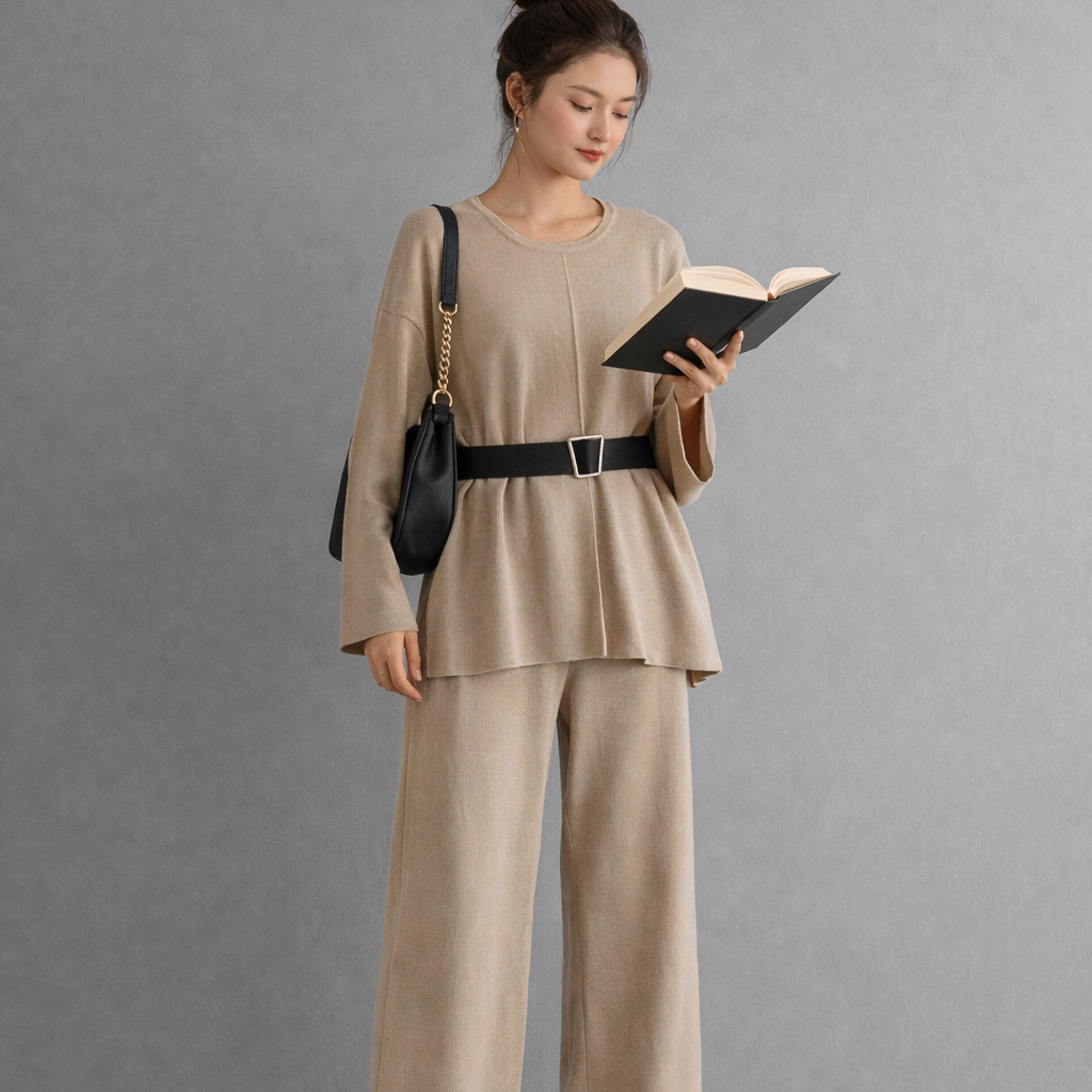 Women's Two-Piece Set – Belted Top and High-Waisted Wide-Leg Pants