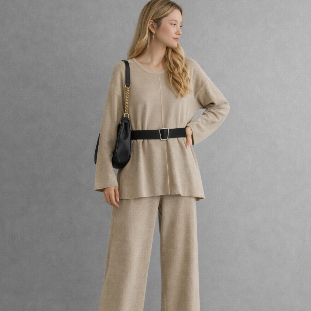 Women's Two-Piece Set – Belted Top and High-Waisted Wide-Leg Pants