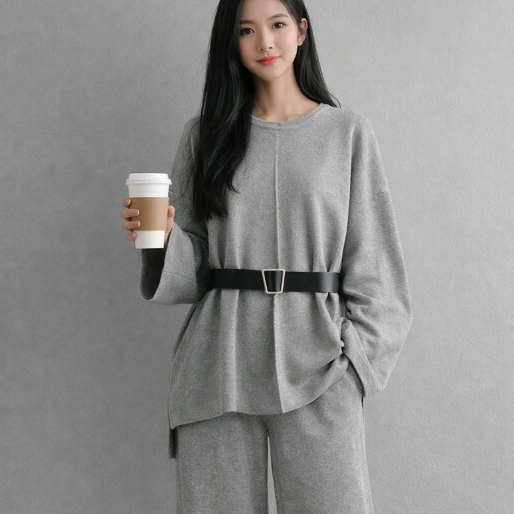 Women's Two-Piece Set – Belted Top and High-Waisted Wide-Leg Pants