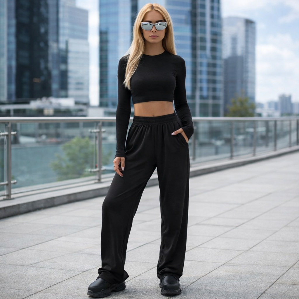 Women's Casual Sport Set – Crop Top and Wide-Leg Pants