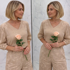 Women's Elegant 2-Piece Outfit - Embroidered Lace Top and Wide-Leg Trousers