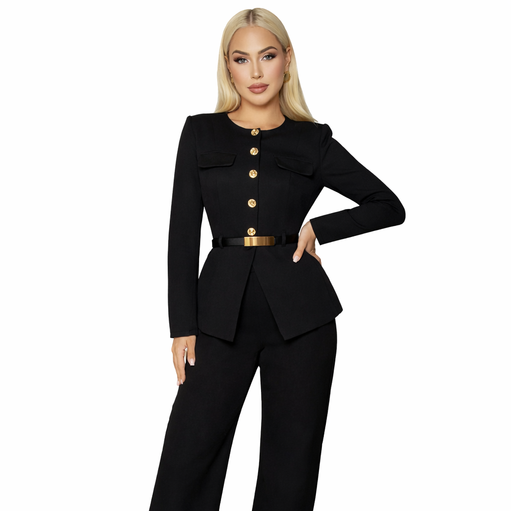 Elegant Women's Suit with Belt — Long-Sleeve Top and Trousers