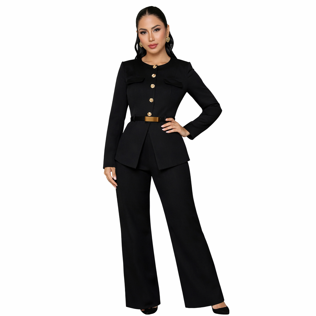 Elegant Women's Suit with Belt — Long-Sleeve Top and Trousers
