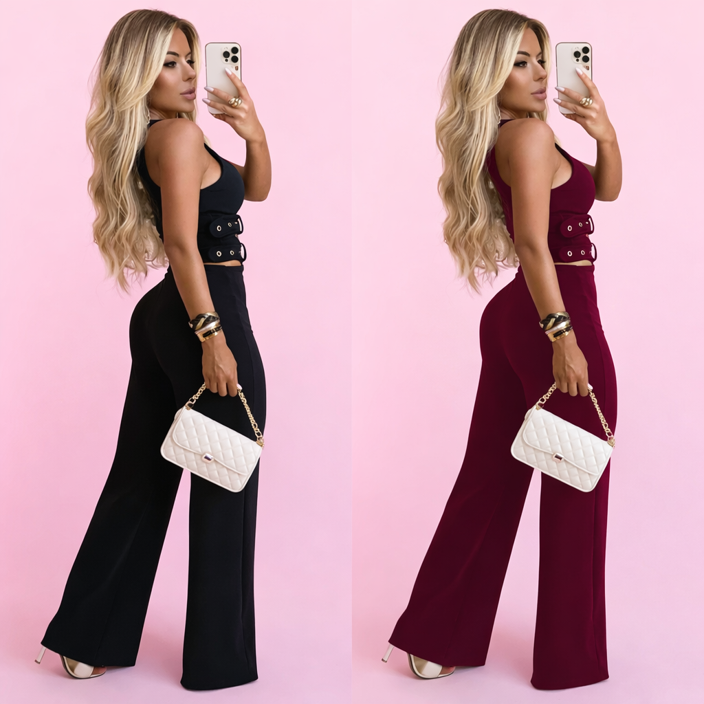 Elegant Women's Suit | V-Neck Top with Belt + Long Trousers