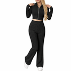 Women's Two-Piece Set | Zip Crop Top + High Waist Flared Trousers