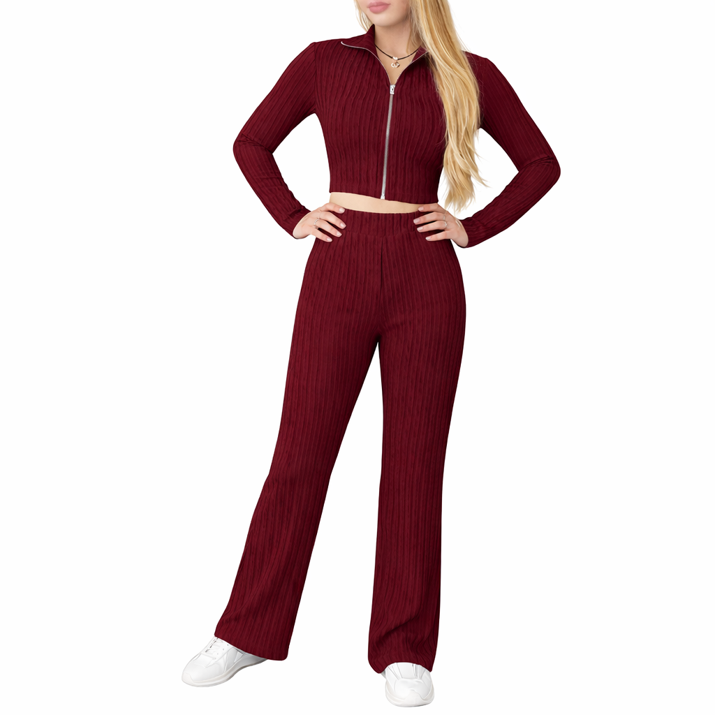 Women's Two-Piece Set | Zip Crop Top + High Waist Flared Trousers