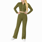 Women's Two-Piece Set | Zip Crop Top + High Waist Flared Trousers