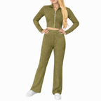 Women's Two-Piece Set | Zip Crop Top + High Waist Flared Trousers