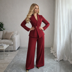 Tailleur donna borgogna elegante blazer manica lunga e pantaloni dritti tinta unita
