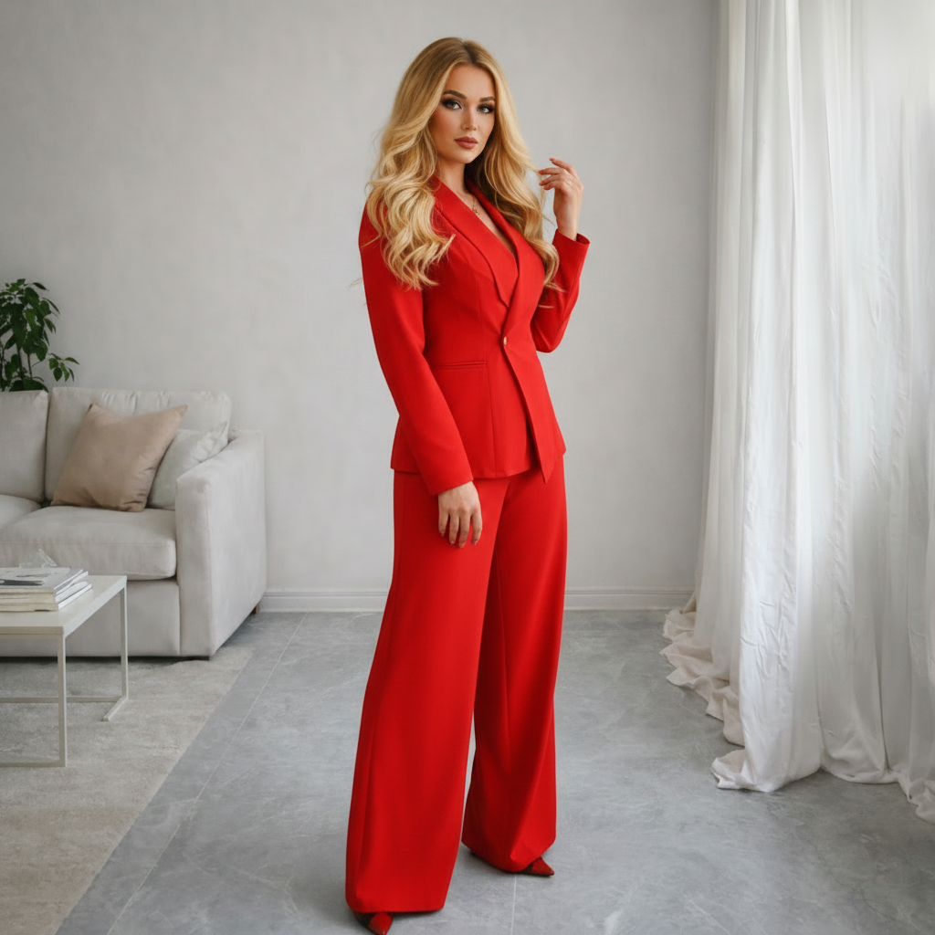 Tailleur donna rosso elegante blazer manica lunga e pantaloni dritti tinta unita