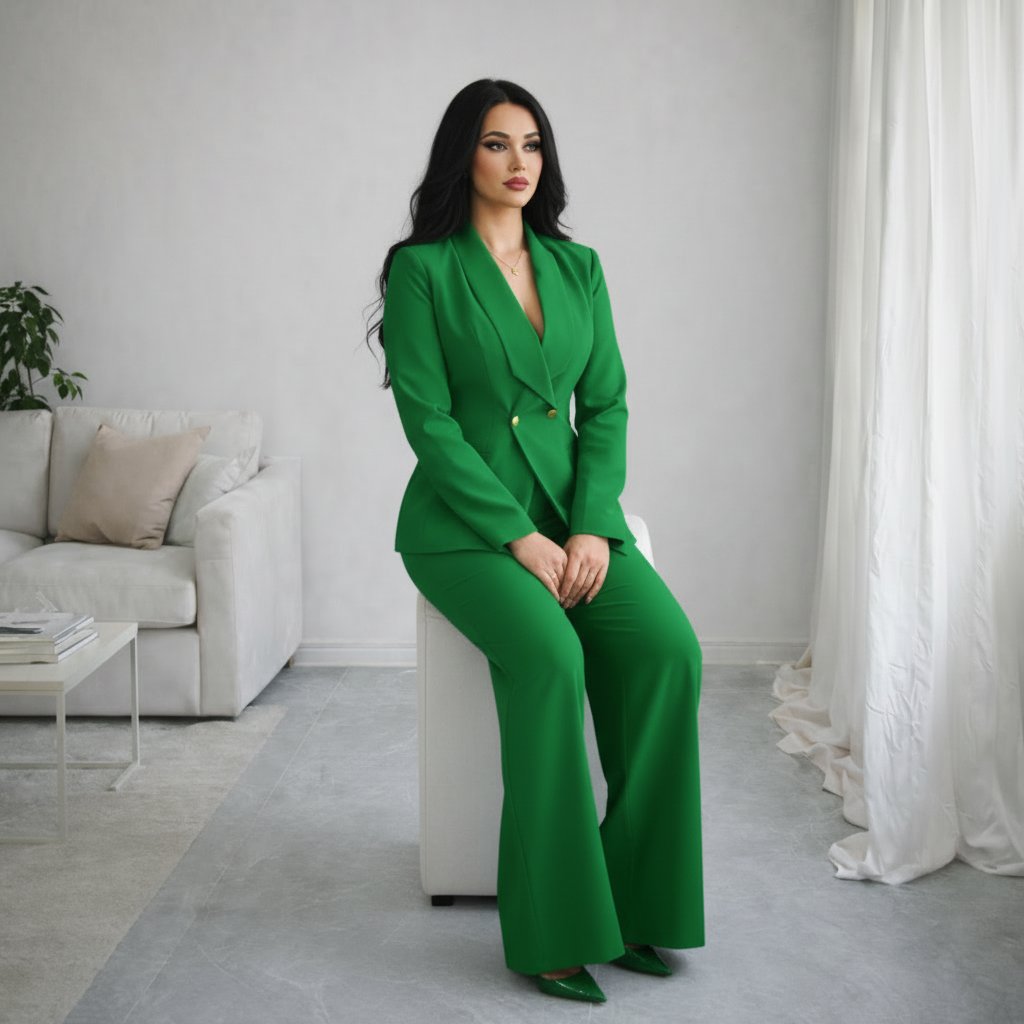 Tailleur donna verde elegante blazer manica lunga e pantaloni dritti tinta unita