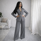 Tailleur donna grigio elegante blazer manica lunga e pantaloni dritti tinta unita