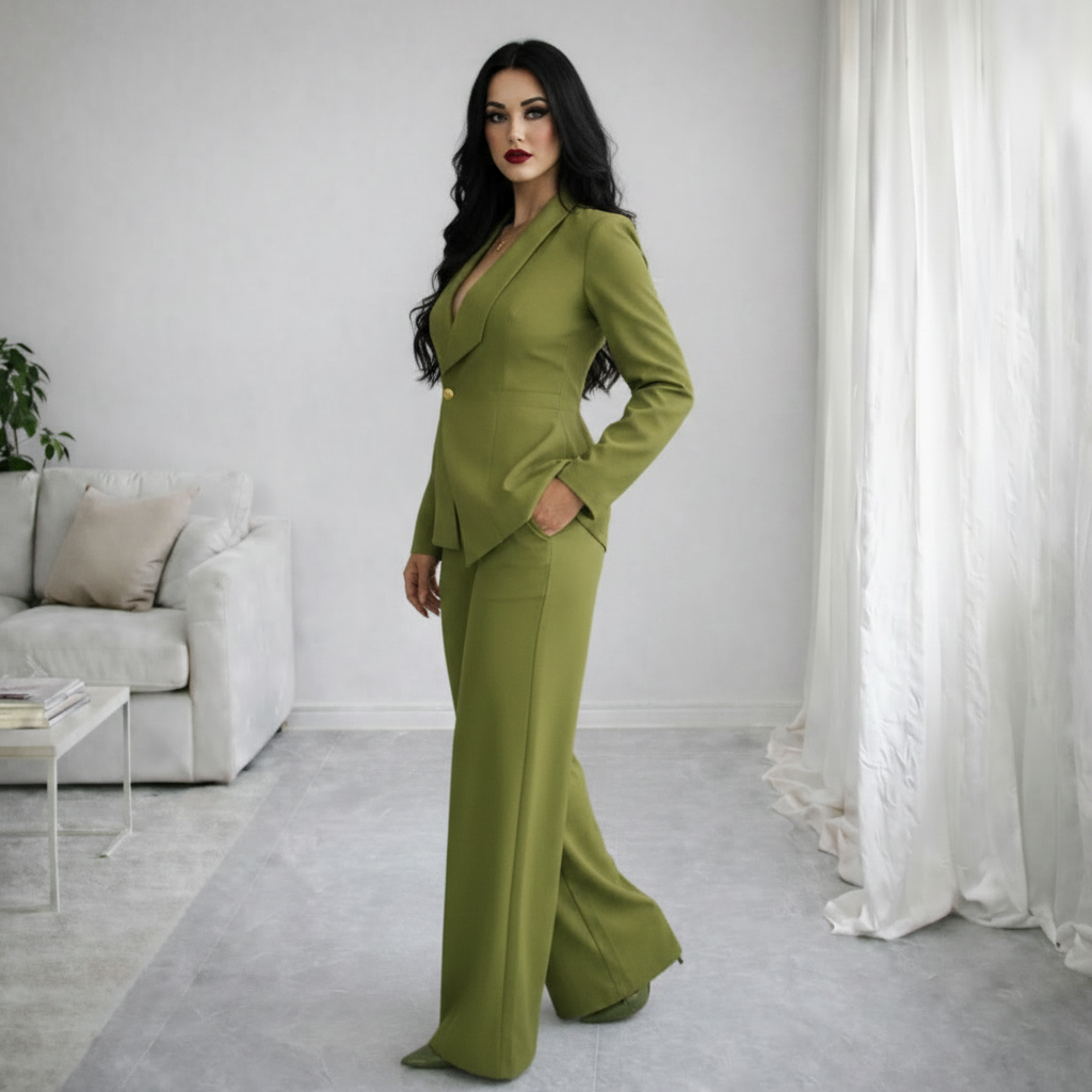 Tailleur donna cachi elegante blazer manica lunga e pantaloni dritti tinta unita