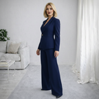 Tailleur donna blu marino elegante blazer manica lunga e pantaloni dritti tinta unita