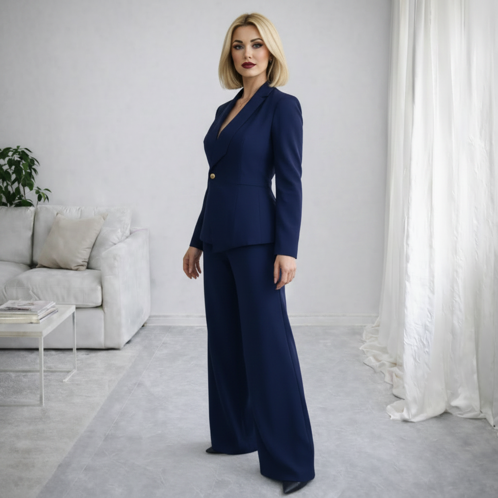 Tailleur donna blu marino elegante blazer manica lunga e pantaloni dritti tinta unita