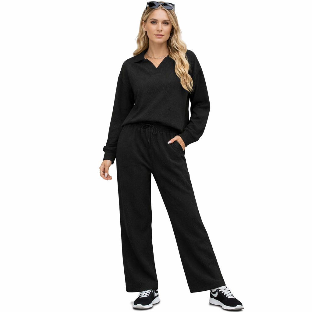 Women's Set - Long Sleeve Rolled Collar Sweatshirt and Elastic Waist Pants 5 Colors