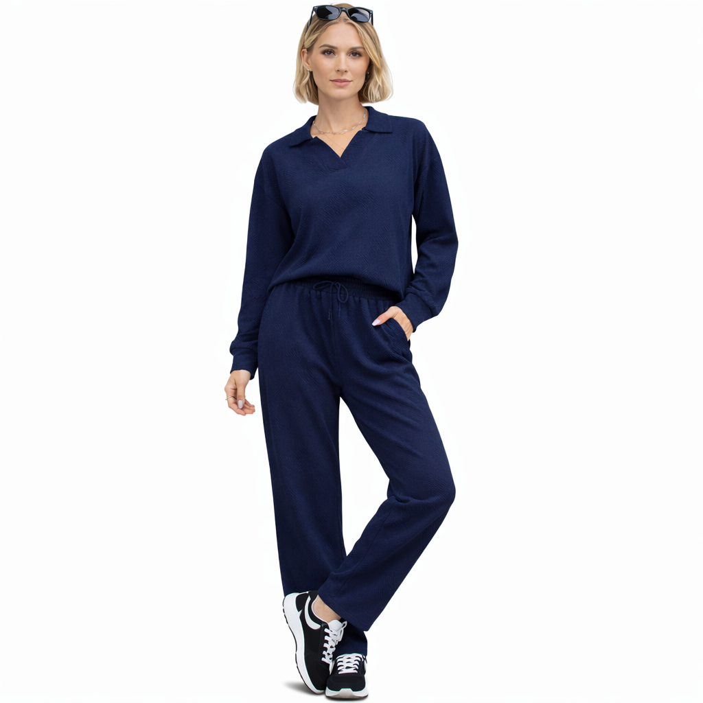 Women's Set - Long Sleeve Rolled Collar Sweatshirt and Elastic Waist Pants 5 Colors