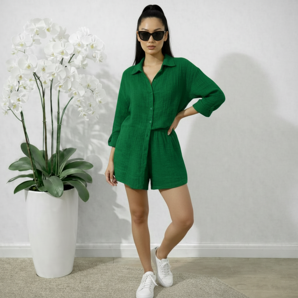 Women's Set – Loose Cotton Long-Sleeve Shirt and Casual Shorts 6 Colors