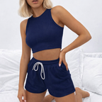 Women's Set - Sleeveless Waffle Knit Crop Top and Solid Color Three-Quarter Pants