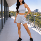 Women's Set - Sleeveless Waffle Knit Crop Top and Solid Color Three-Quarter Pants