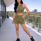 Women's Set - Sleeveless Waffle Knit Crop Top and Solid Color Three-Quarter Pants
