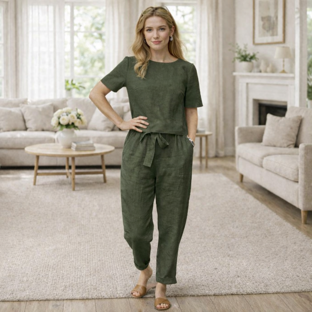 Vintage Women's Set – Oversized Short-Sleeve Tunic and Solid Color Wide-Leg Pants
