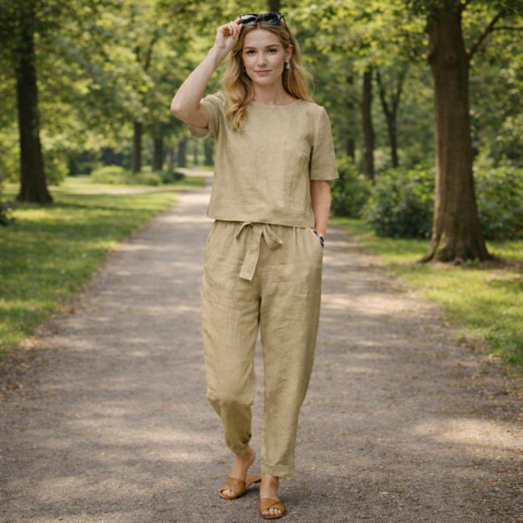 Vintage Women's Set – Oversized Short-Sleeve Tunic and Solid Color Wide-Leg Pants