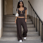 Women's Sport Style Set - Three-Quarter Sleeve Top and Wide-Leg Pants