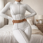 Set Due Pezzi Donna Urban Style - Top Maniche Lunghe e Pantaloni Vita Alta