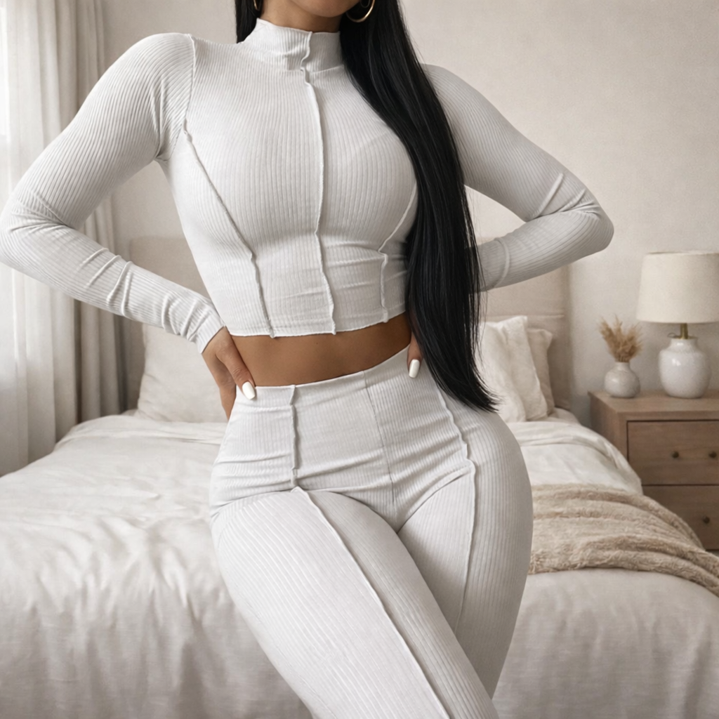 Set Due Pezzi Donna Urban Style - Top Maniche Lunghe e Pantaloni Vita Alta