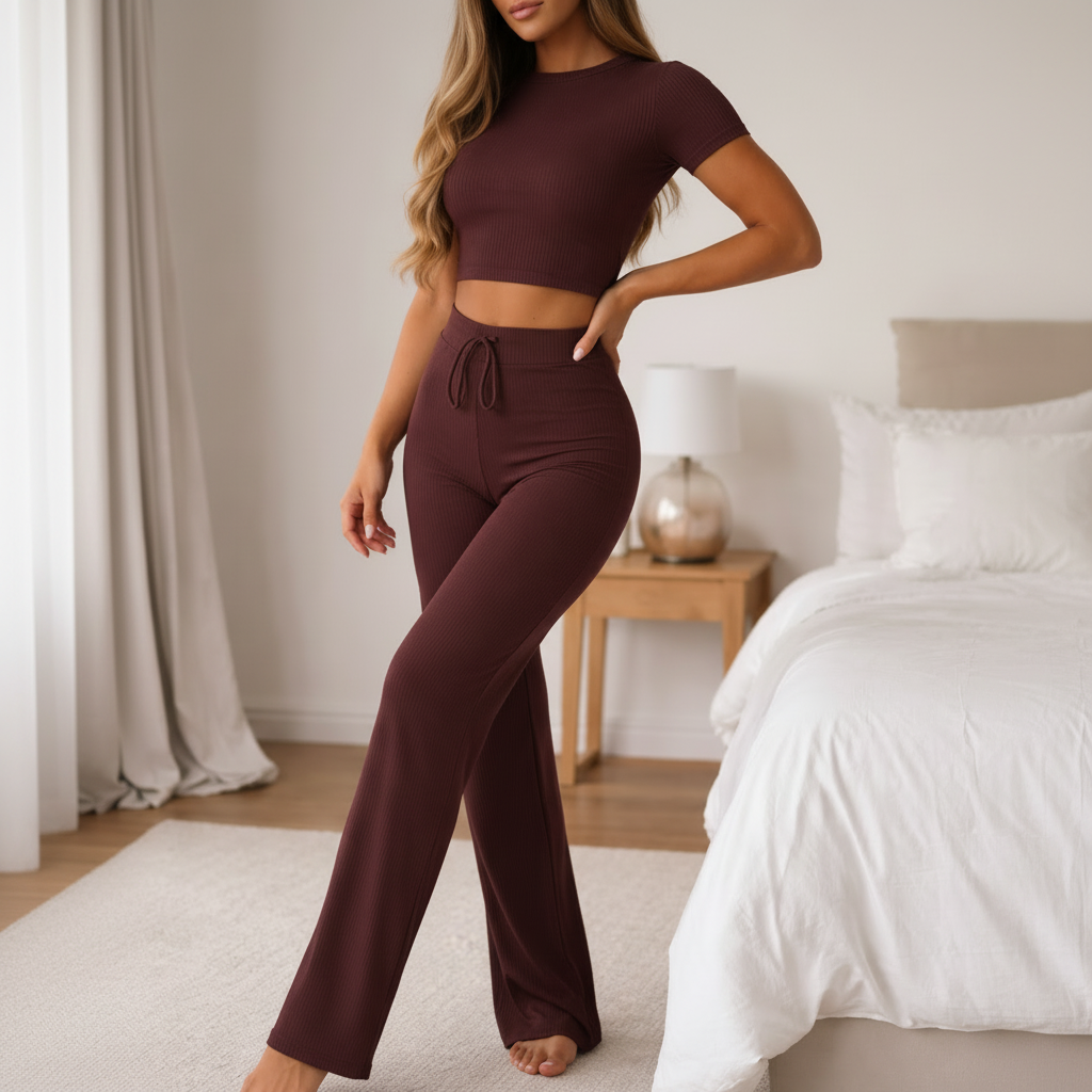 Women's 2-Piece Outfit – Three-Quarter Sleeve Top and Solid Color Wide-Leg Pants | Lynoro