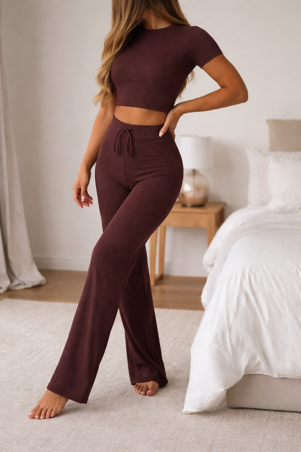 Completo Due Pezzi Casual da Donna - Tinta Unita con Maniche a Tre Quarti e Pantaloni Larghi