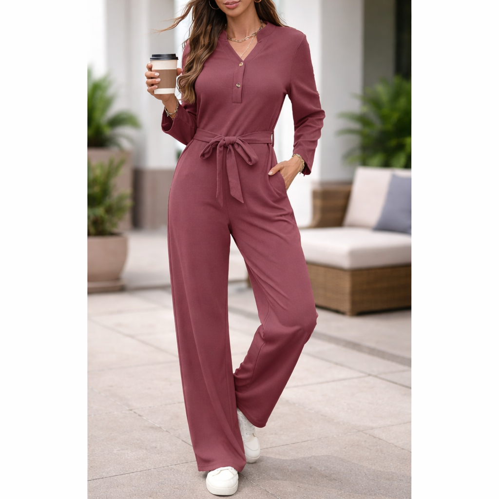 Completo tinta unita a vita alta con bottoni e maniche lunghe