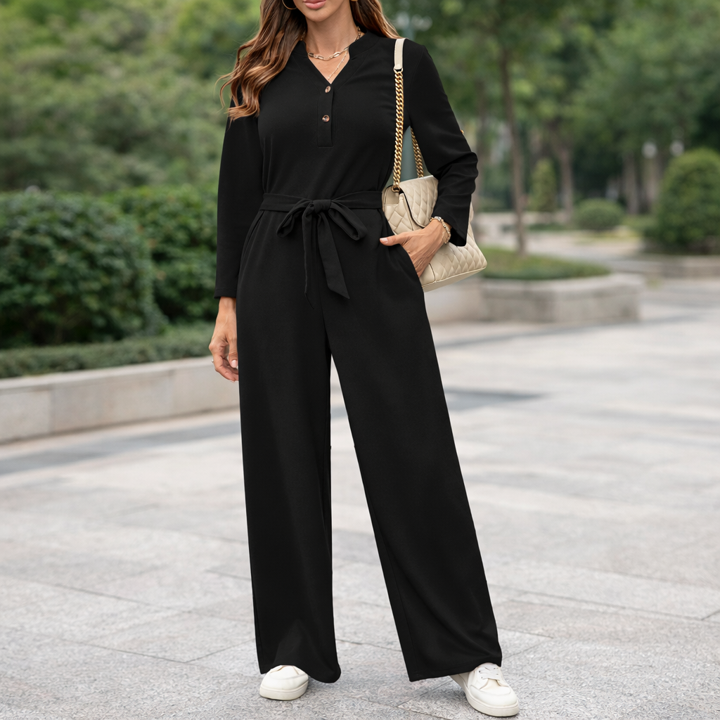 Completo tinta unita a vita alta con bottoni e maniche lunghe