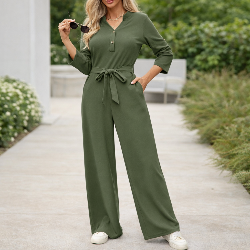 Completo tinta unita a vita alta con bottoni e maniche lunghe