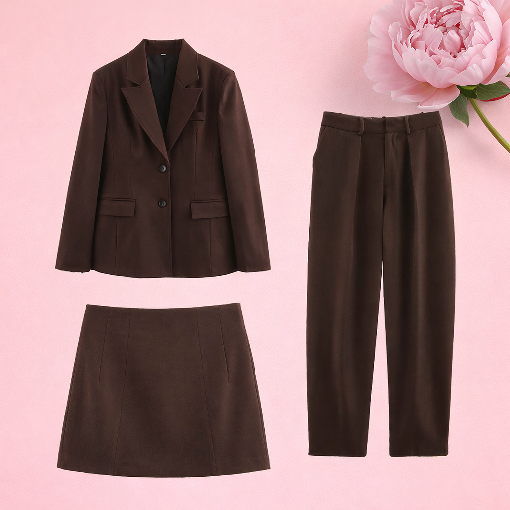 Women's 3-Piece Elegant Coffee Set - Blazer Jacket, Mini Skirt and Office Lady Trousers